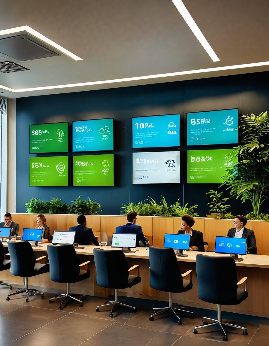 A modern bank interior showcasing a diverse group of happy customers engaging with friendly bankers, surrounded by digital screens displaying financial growth statistics. Vibrant green plants symbolize prosperity, while sunlight filters through large windows, creating a warm atmosphere. Include elements of digital banking such as mobile apps and graphs on screens. super-realistic. vibrant colors. warm lighting.