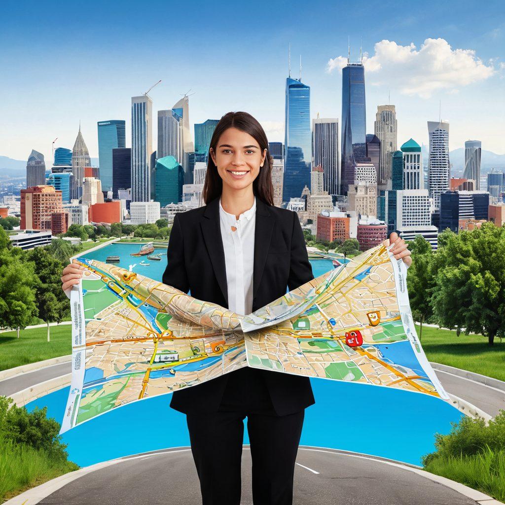 A person standing at a crossroads, holding a map labeled 'Personal Finance' with symbols of banking like coins, credit cards, and dollar signs floating around. In the background, a modern city skyline blends with nature, illustrating harmony in financial growth. Bright colors highlight the optimism in managing finances and customer satisfaction. super-realistic. vibrant colors. white background.