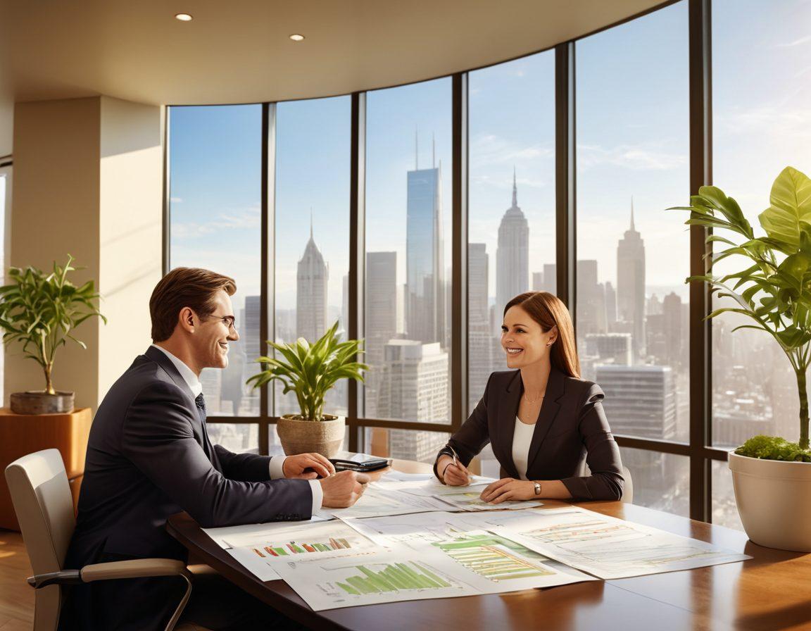 A serene and inviting bank interior, featuring a smiling financial advisor with diverse clients discussing wealth strategies. In the background, large windows show a sunny cityscape, accentuating a sense of growth and prosperity. The atmosphere is warm and friendly, with plants and modern decor. Include stacks of coins and graphs symbolizing financial growth on a desk. super-realistic. vibrant colors. warm lighting.